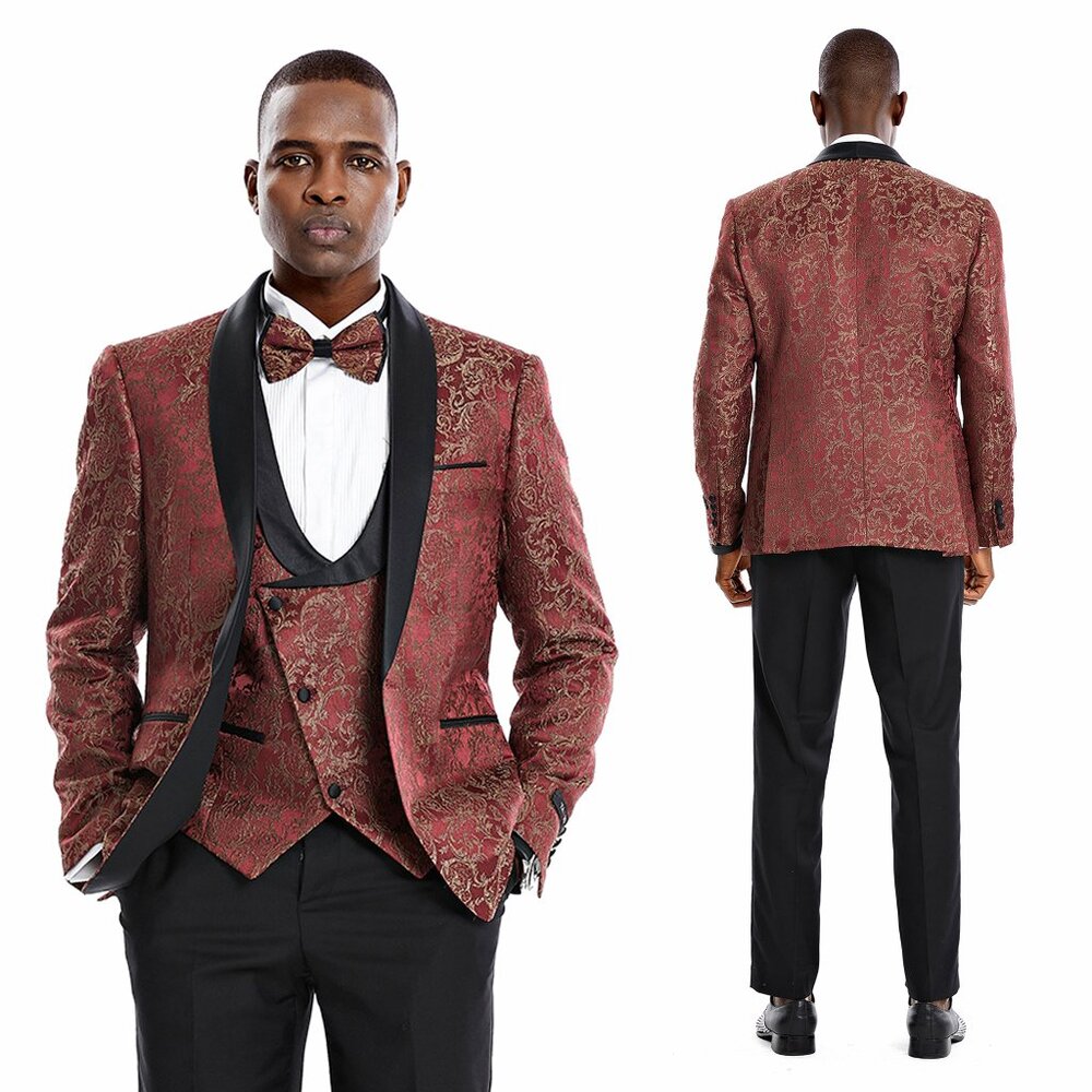 Rustic Burgundy/ Gold Baroque Paisley 3pc Mens Suit by Tazzio